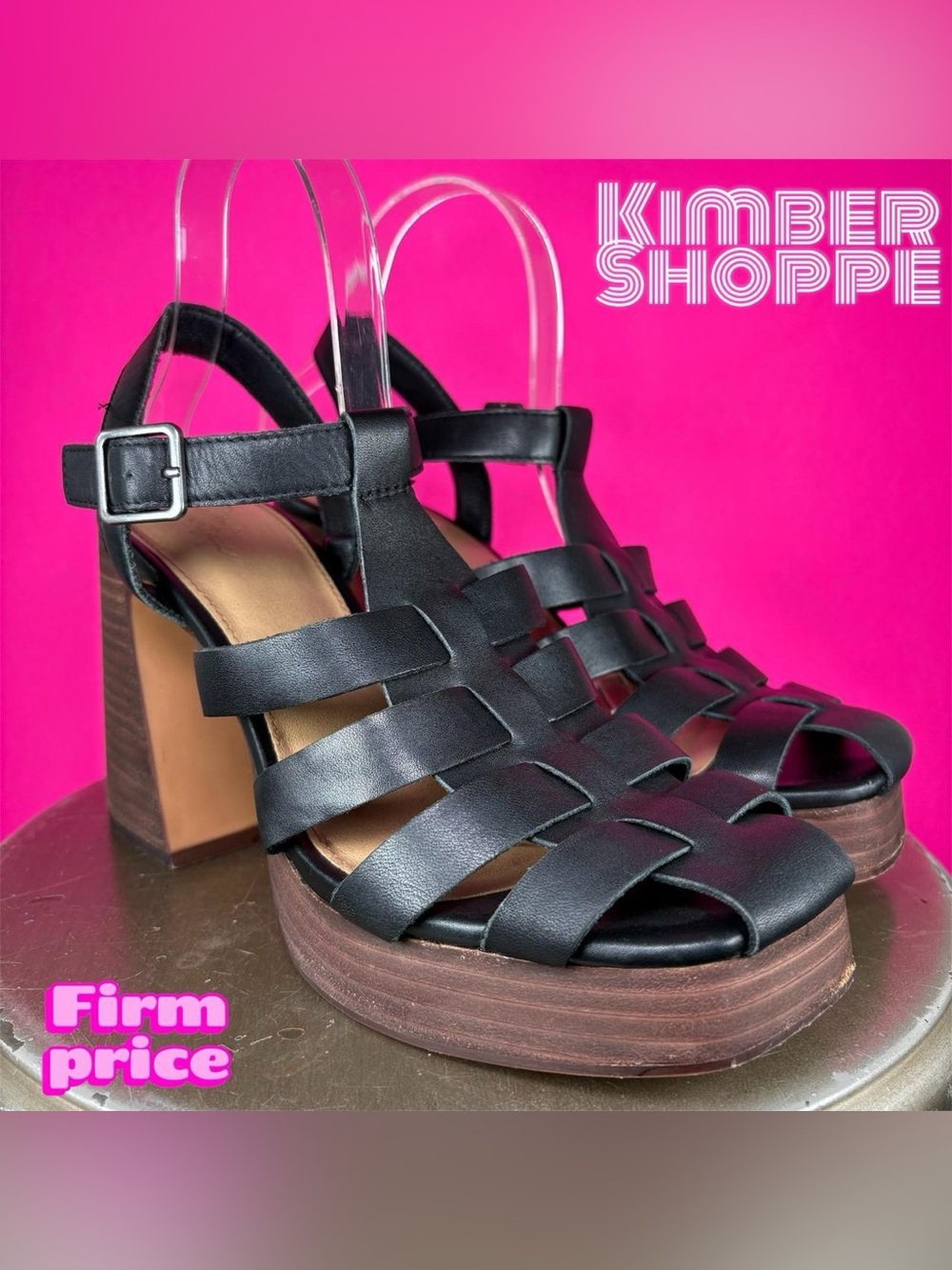 Crown Vintage Farlie Black Leather Fisherman Platform Sandal  US 8.5 EU 39.5